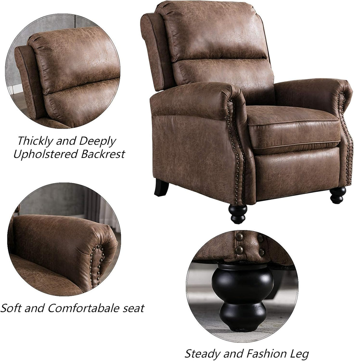 CANMOV Pushback Recliner Chair Faux Leather Armchair Push Back Recliner with Rivet Decoration