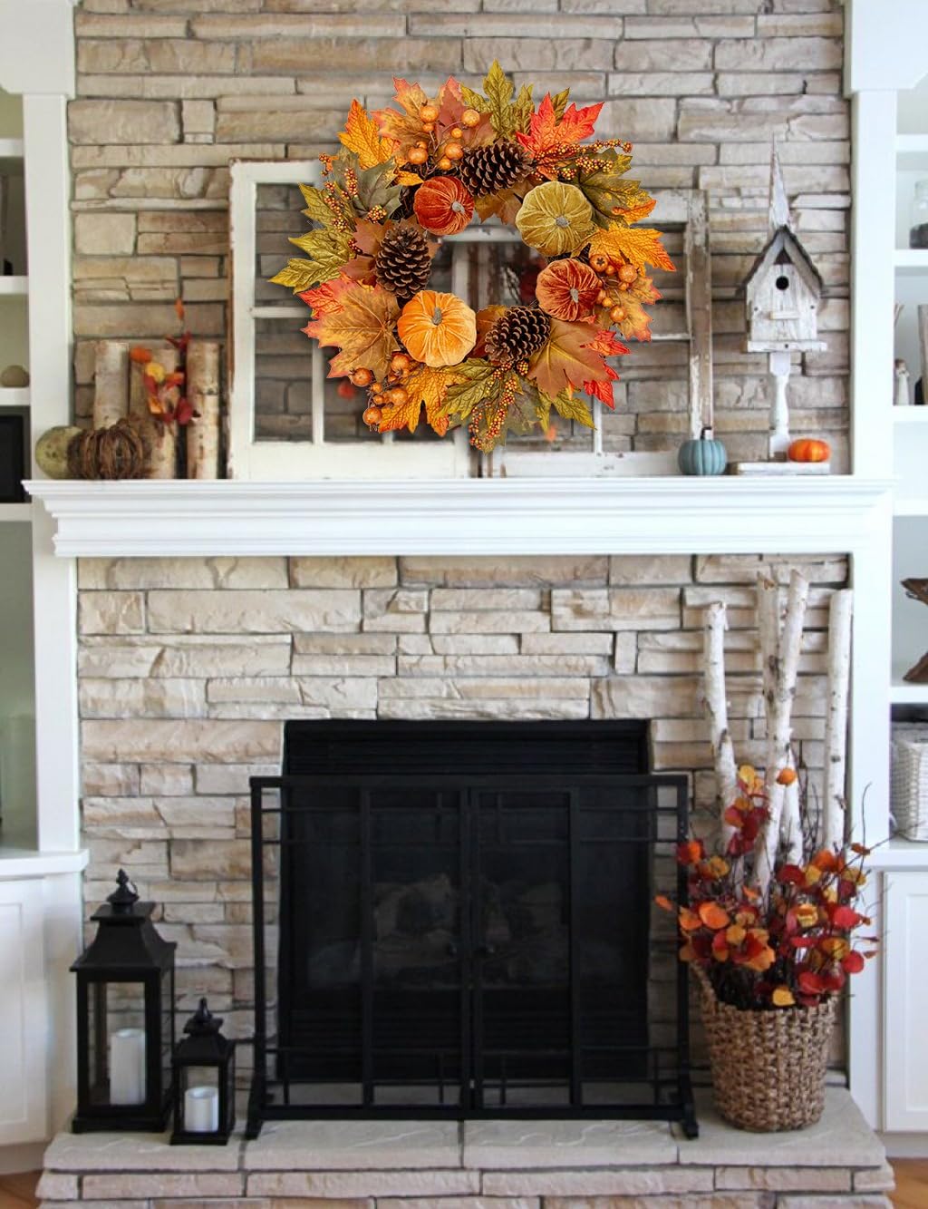 Fall Wreaths for Front Door 16'' Autumn Velvet Pumpkin Wreath with Metal Hook Harvest Maple Wreath