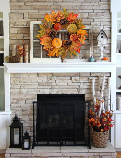 Fall Wreaths for Front Door 16'' Autumn Velvet Pumpkin Wreath with Metal Hook Harvest Maple Wreath