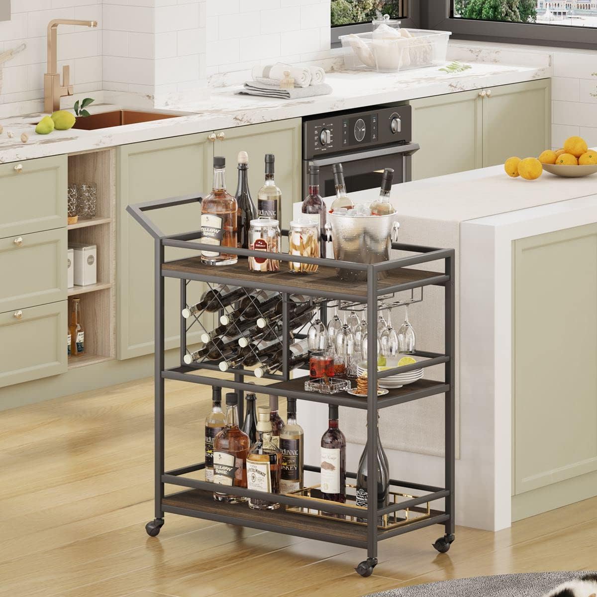 FATORRI Bar Cart for The Home with Wine Rack and Glasses Holder, Small Home Bar Serving Cart on