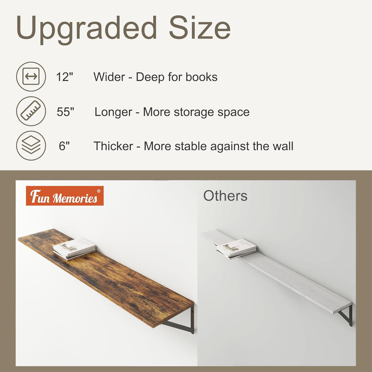Fun Memories Deep Floating Shelves, 55W x 12D Floating Shelves for Wall, Wood Floating Shelf with