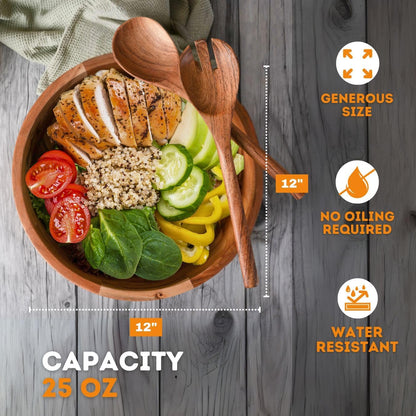 Luxe Designs 12" Wooden Salad Bowl Set with Serving Utensils Eco-Friendly, Multipurpose Mixing &