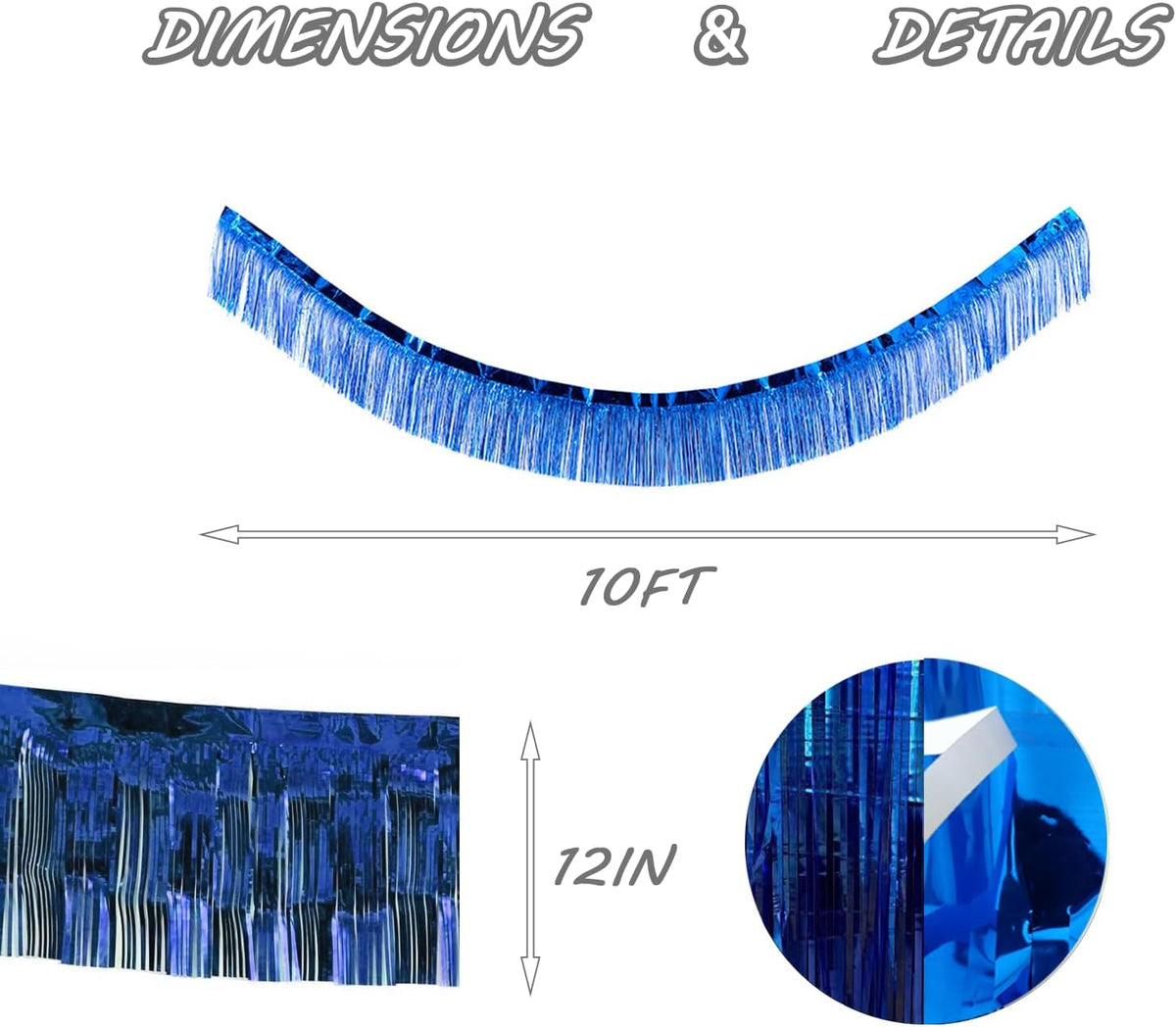 Blue Foil Fringe Garland 10FT 6packs, Metallic Foil Tinsel Fringe Banners for Parade Float