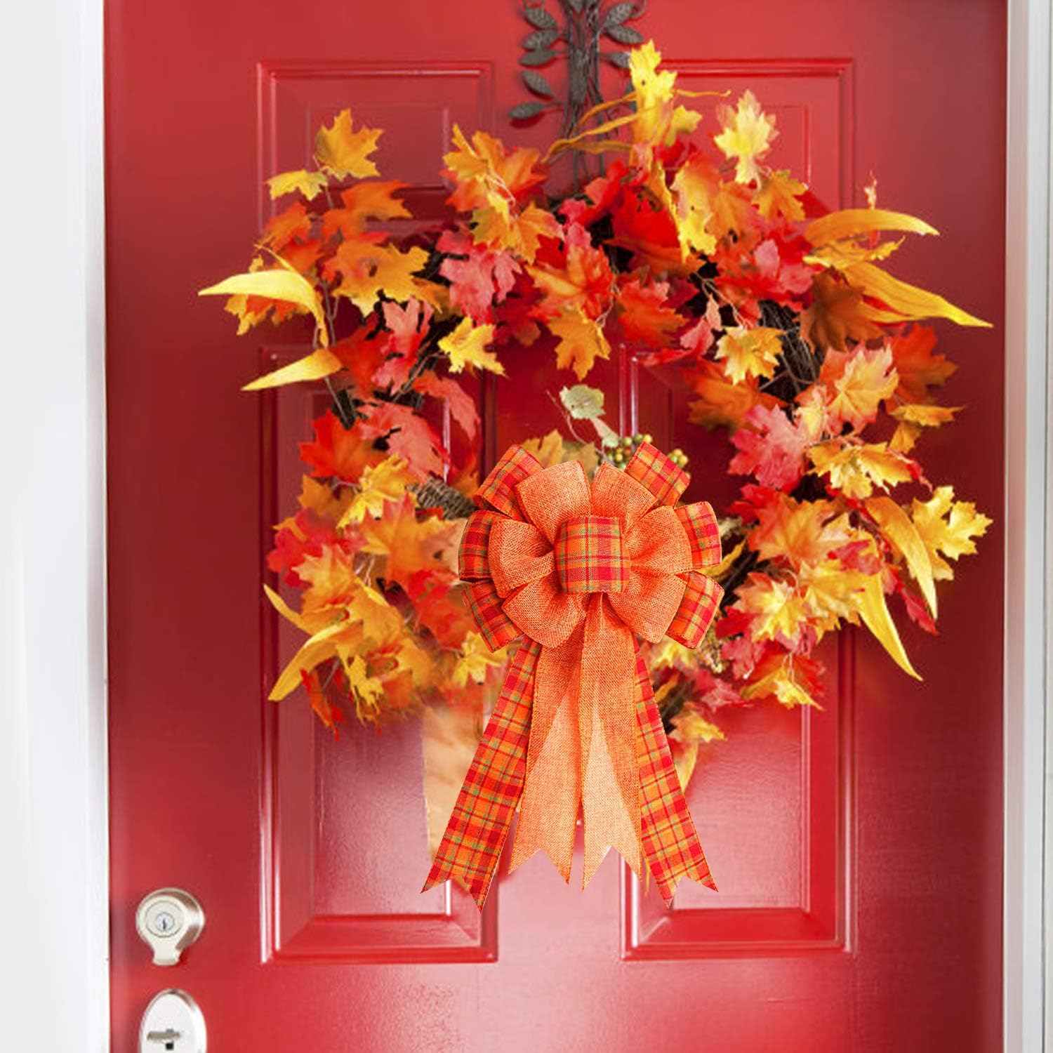 Iceyyyy 3Pcs Large Fall Thanksgiving Wreath Gift Bow -18.8x10.6inch Orange Buffalo Plaid Check