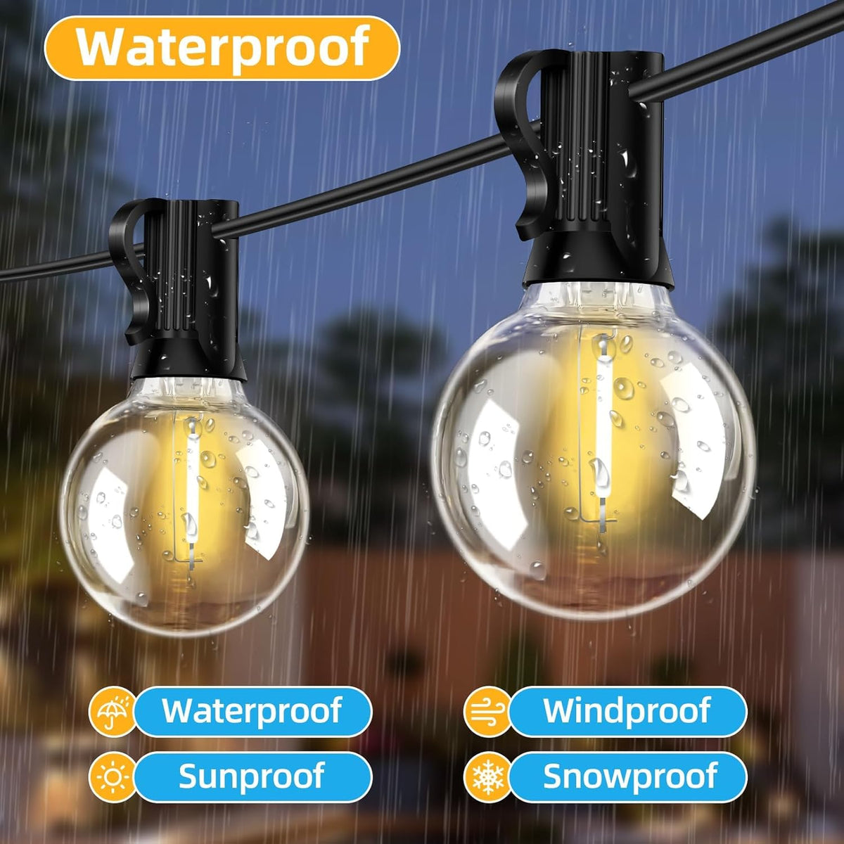 50FT G40 LED String Lights with 25 Shatterproof Bulbs (2 Spares), E12 Sockets, 2700K Warm White