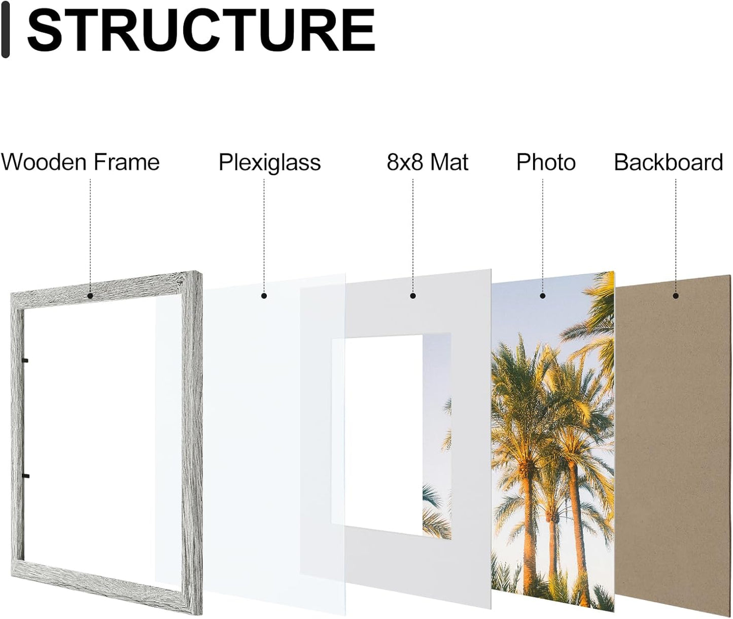 Vittanly 12x12 Picture Frames Set of 9, Shatter Resistant Plexiglass, Display 8x8 Pictures with Mat