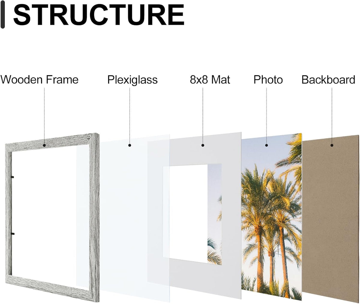Vittanly 12x12 Picture Frames Set of 9, Shatter Resistant Plexiglass, Display 8x8 Pictures with Mat