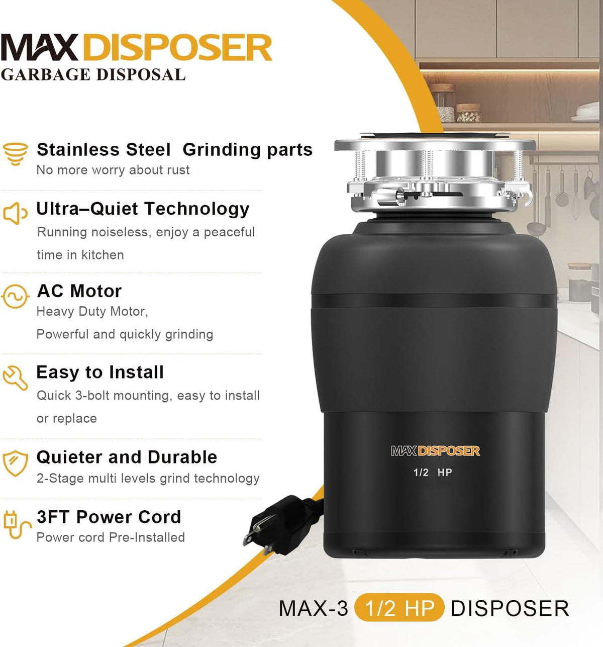 Garbage Disposal 1/2 HP Easy install Quiet with Stopper Power Cord, Kitchen sink Food Waste
