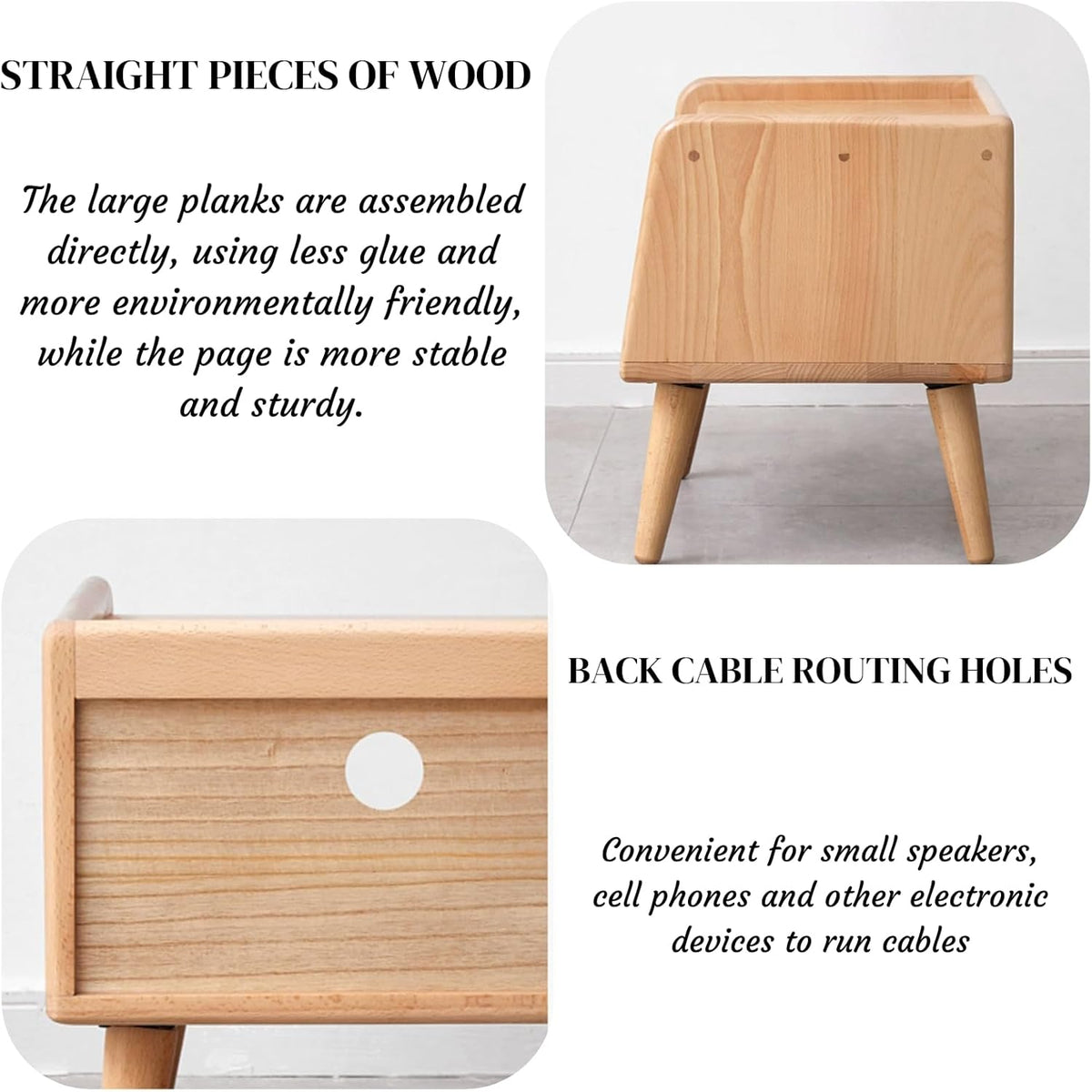 Small Nightstand, 100% Solid Oak Wood Bedside Table, Mid Century Modern Nightstand with Open