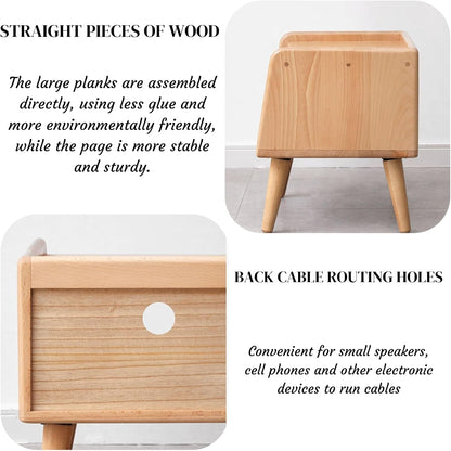 Small Nightstand, 100% Solid Oak Wood Bedside Table, Mid Century Modern Nightstand with Open