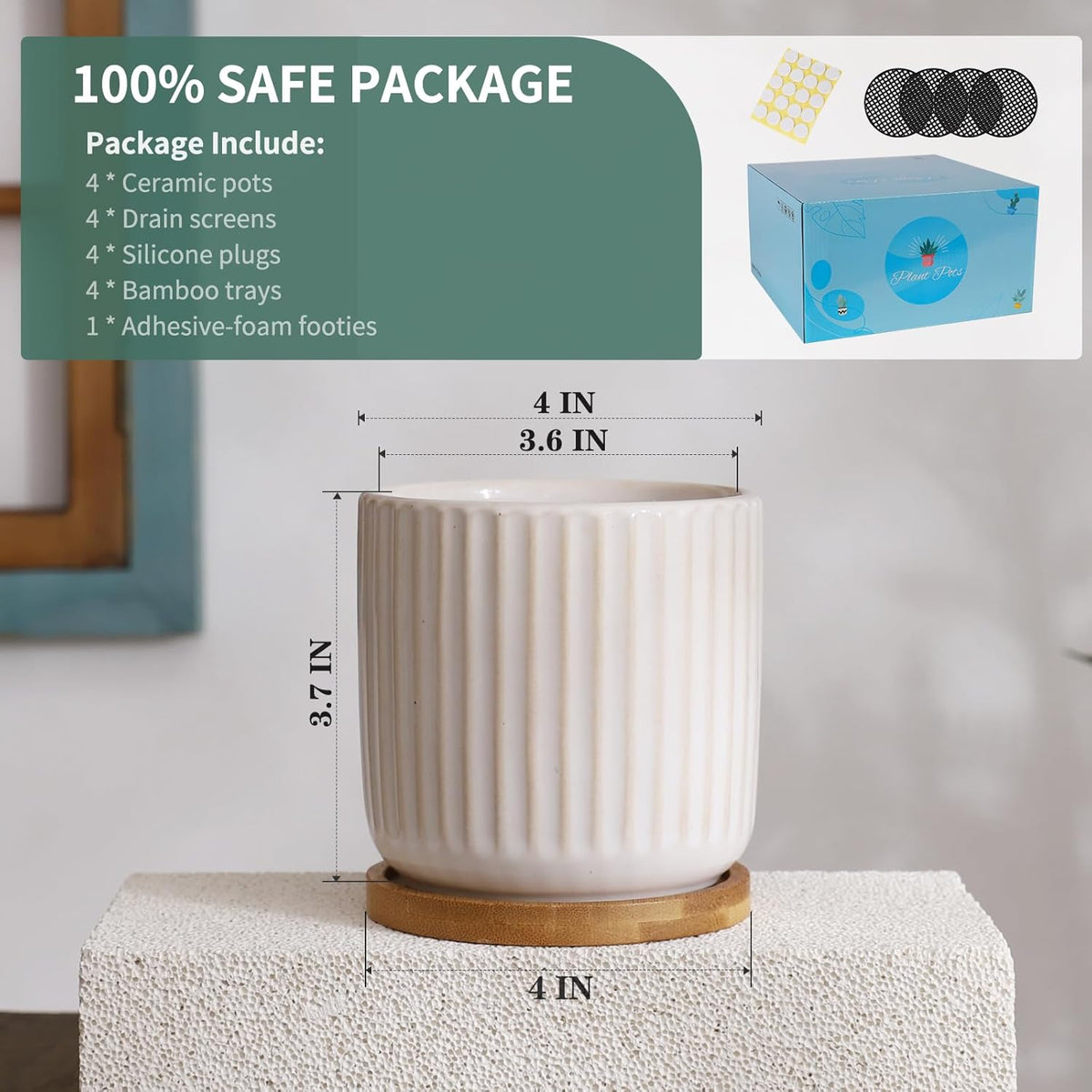 TAMAYKIM 4 Inch Ceramic Plant Pots with Drainage Holes, Modern Flower Planter with Saucer for
