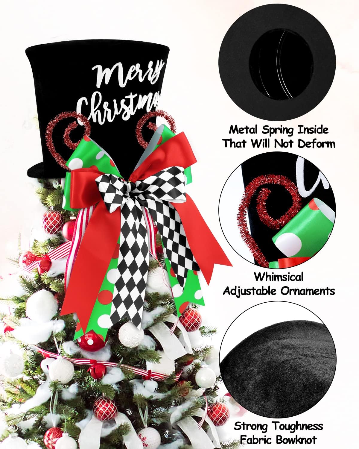 Merry Christmas Tree Topper Whimsical Top Hat with Check Bows Xmas Tree Ornament Winter Holidays