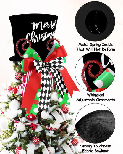 Merry Christmas Tree Topper Whimsical Top Hat with Check Bows Xmas Tree Ornament Winter Holidays