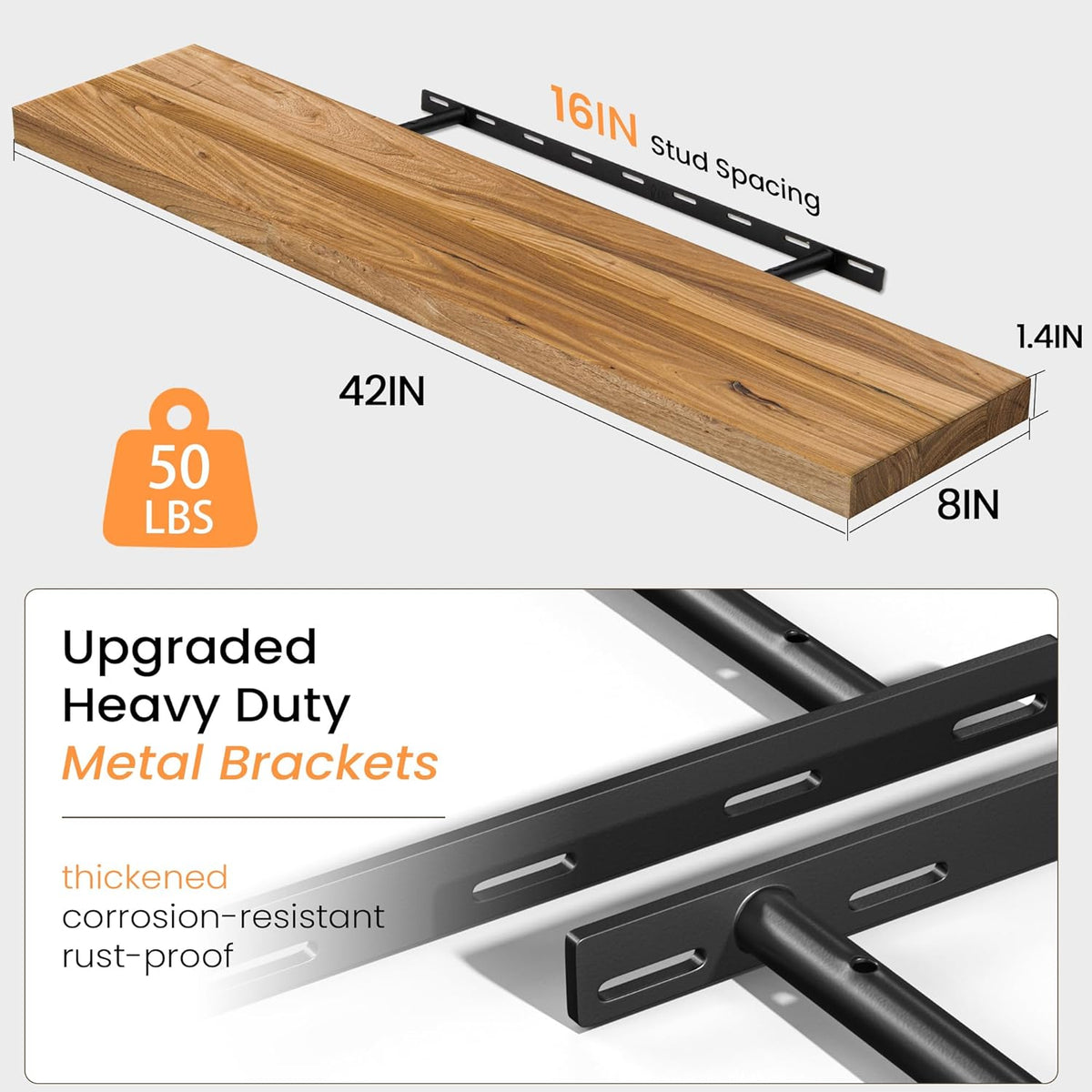 Floating Shelves for Wall, 42" Flat Edge Solid Elm Wood Floating Shelf, Wall-Mounted Display