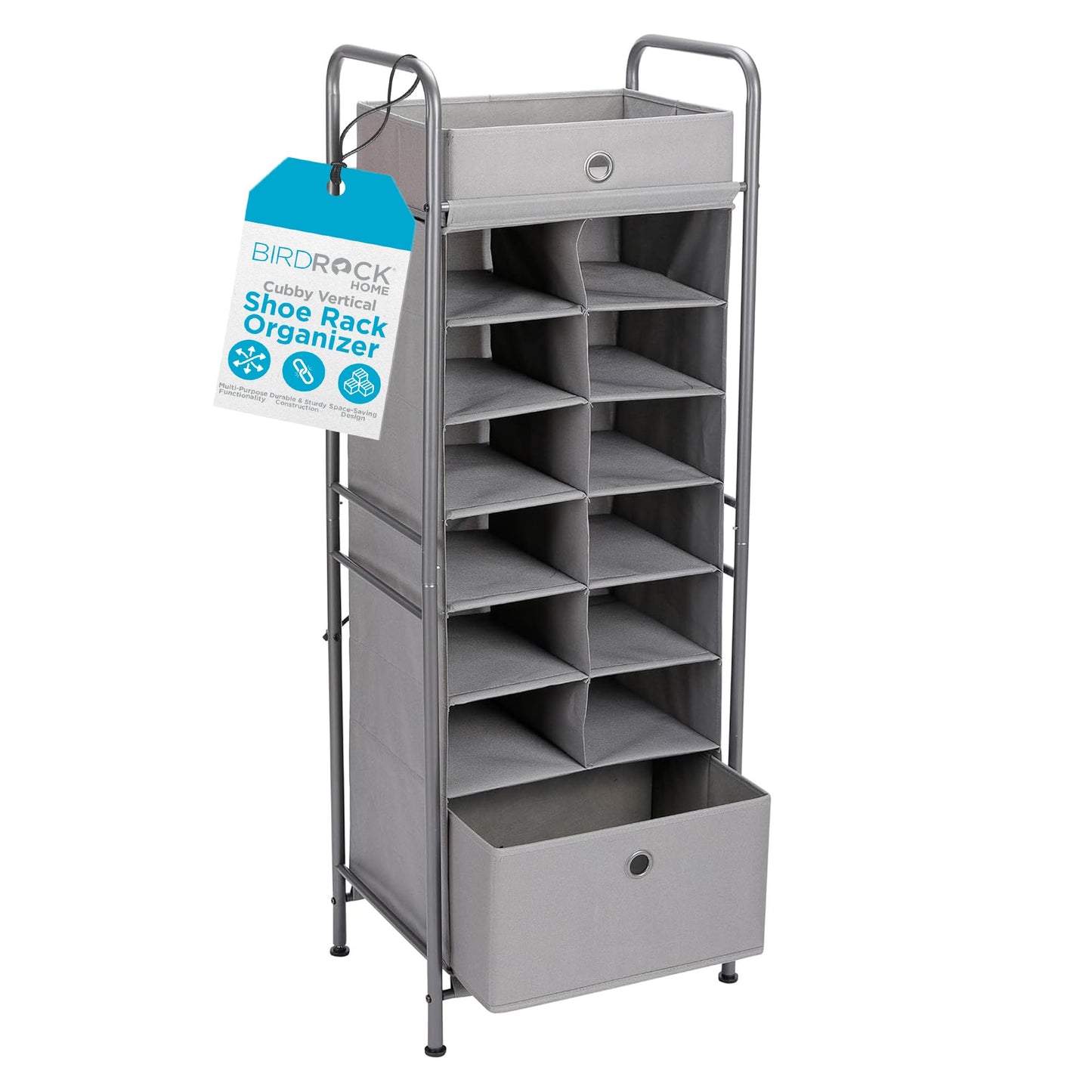 BIRDROCK HOME 12 Cubby Vertical Shoe Rack Organizer with Large Drawer - Grey - Free Standing Tower
