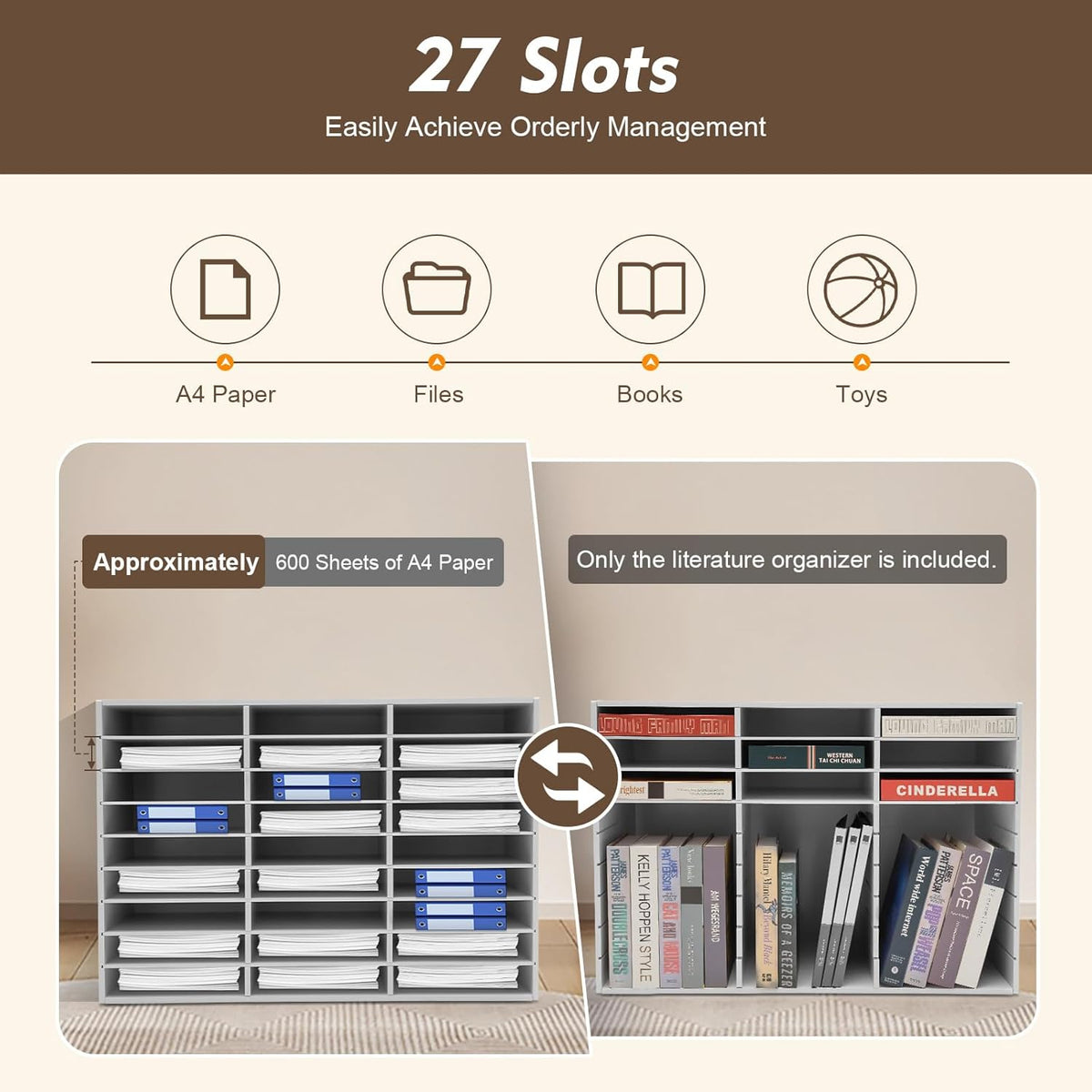 Literature Organizer 27 Slots Compartments Desktop File Sorter Mail Center Paper Storage Cabinet