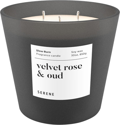 Hidden Label Large Scented Candle, Velvet Rose & Oud, 30oz 3 Wick Huge Candle, Serene Collection
