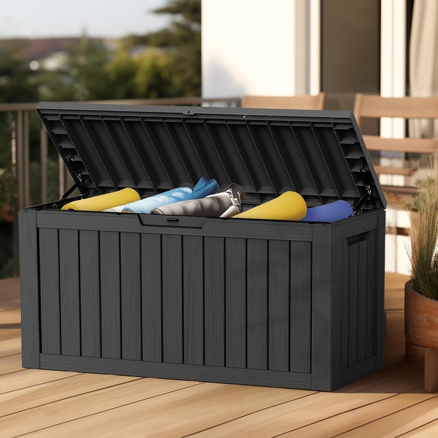 Vixzen 85 Gallon Resin Deck Box, Lockable Outdoor Storage Box for Patio Cushions Storage