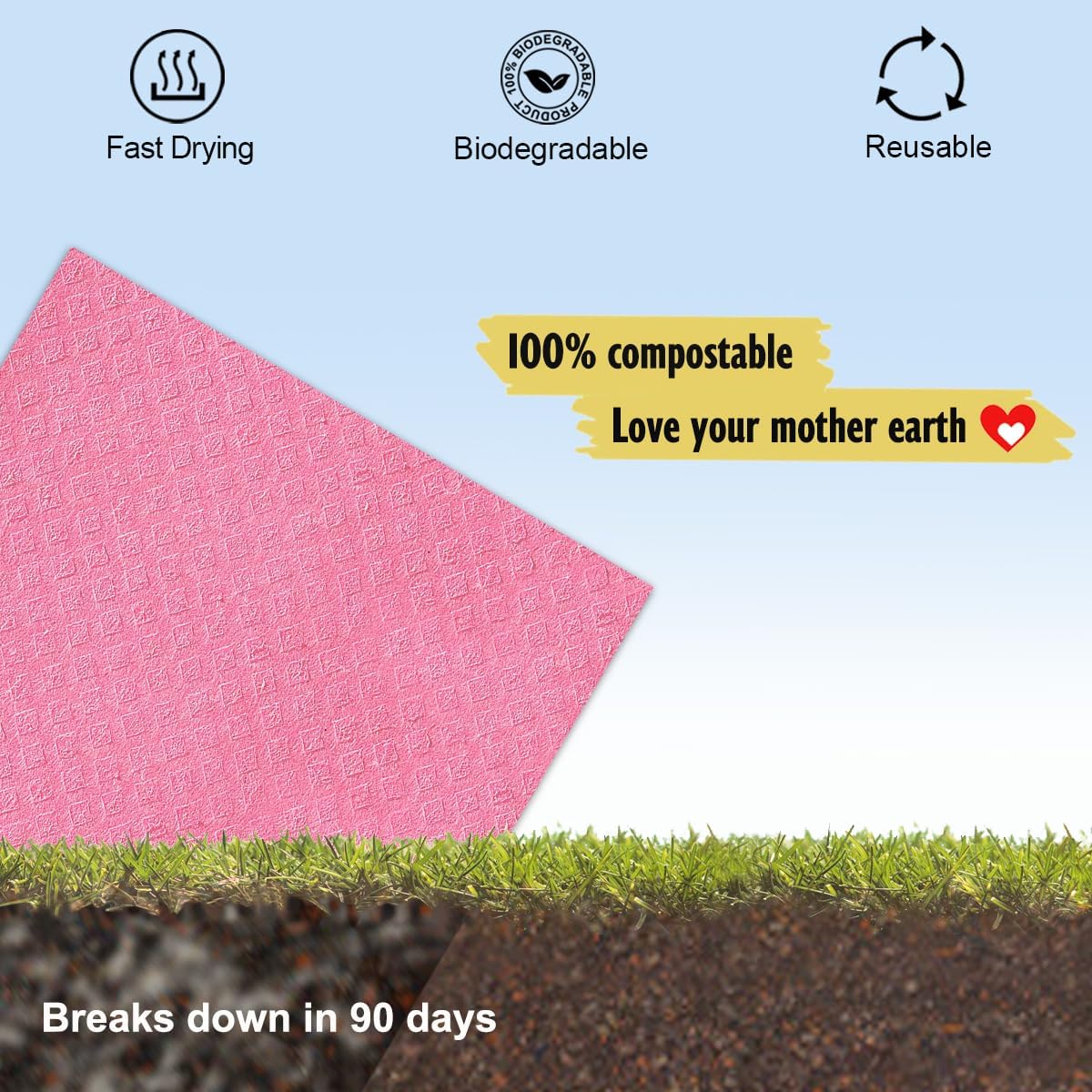 Swedish Dishcloths for Kitchen | 6 Pack Absorbent Cellulose Sponge Cloths Washable | Non-Scratch