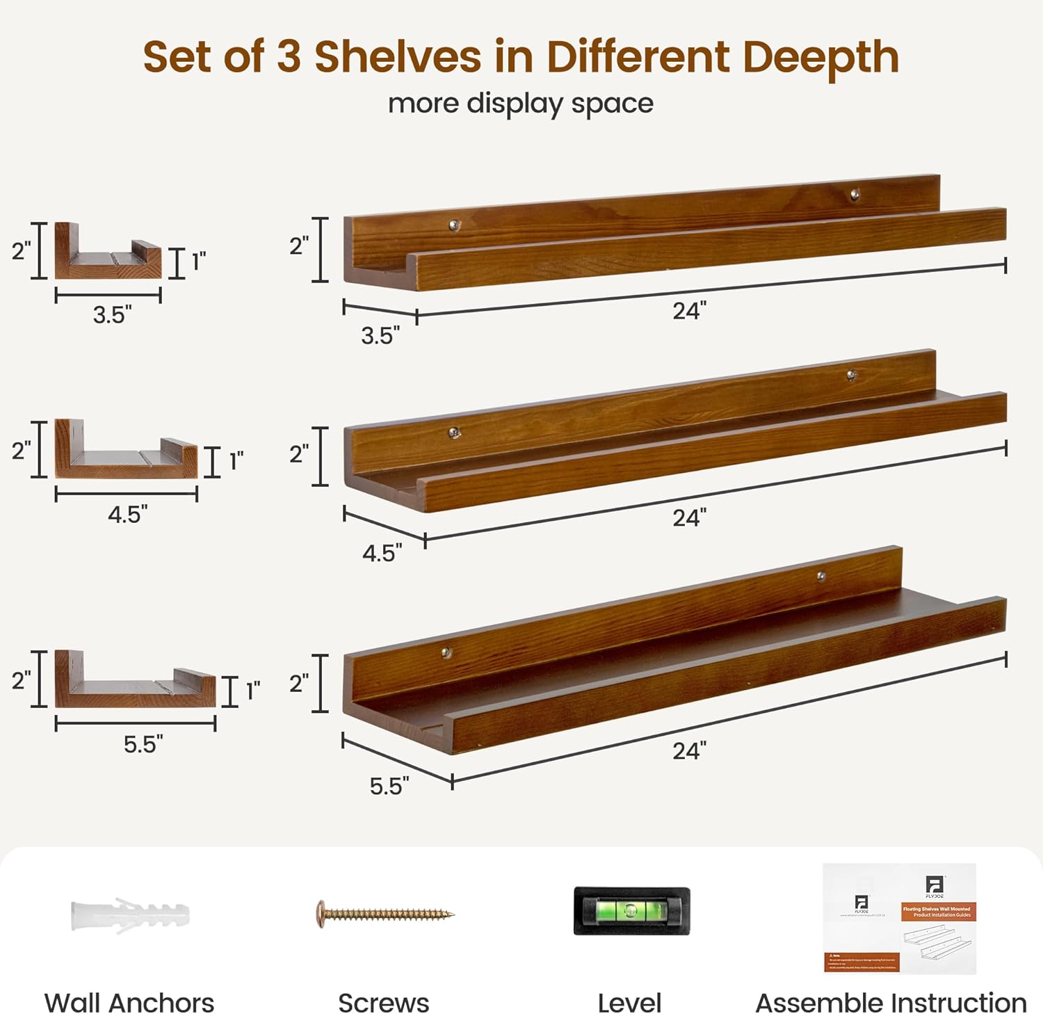 Picture Ledge Wall Shelves 24 inches Width Set of 3, Solid Pine Wood Rustic Floating Ledge Shelves
