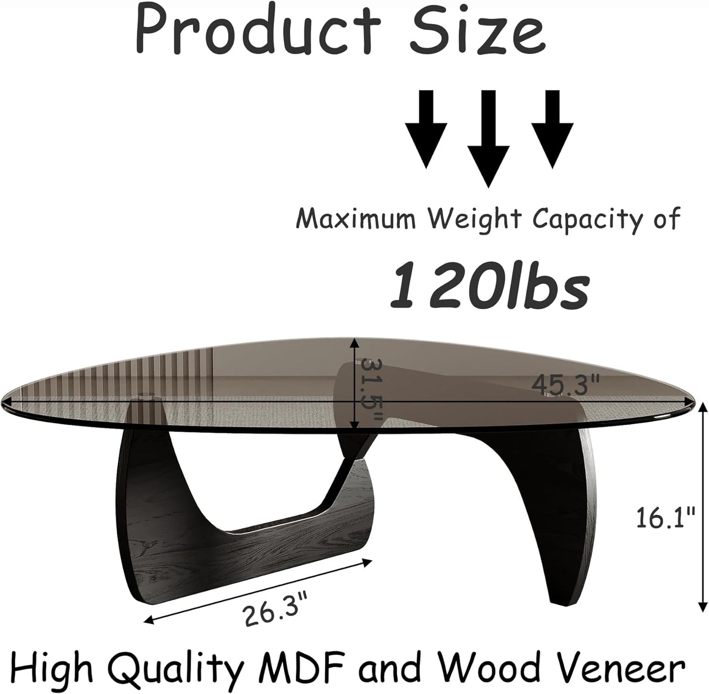 Honyee Morden Coffee Table, 42.5" x 28.5" x 16.1" Triangle Tempered Glass Top for Living Room