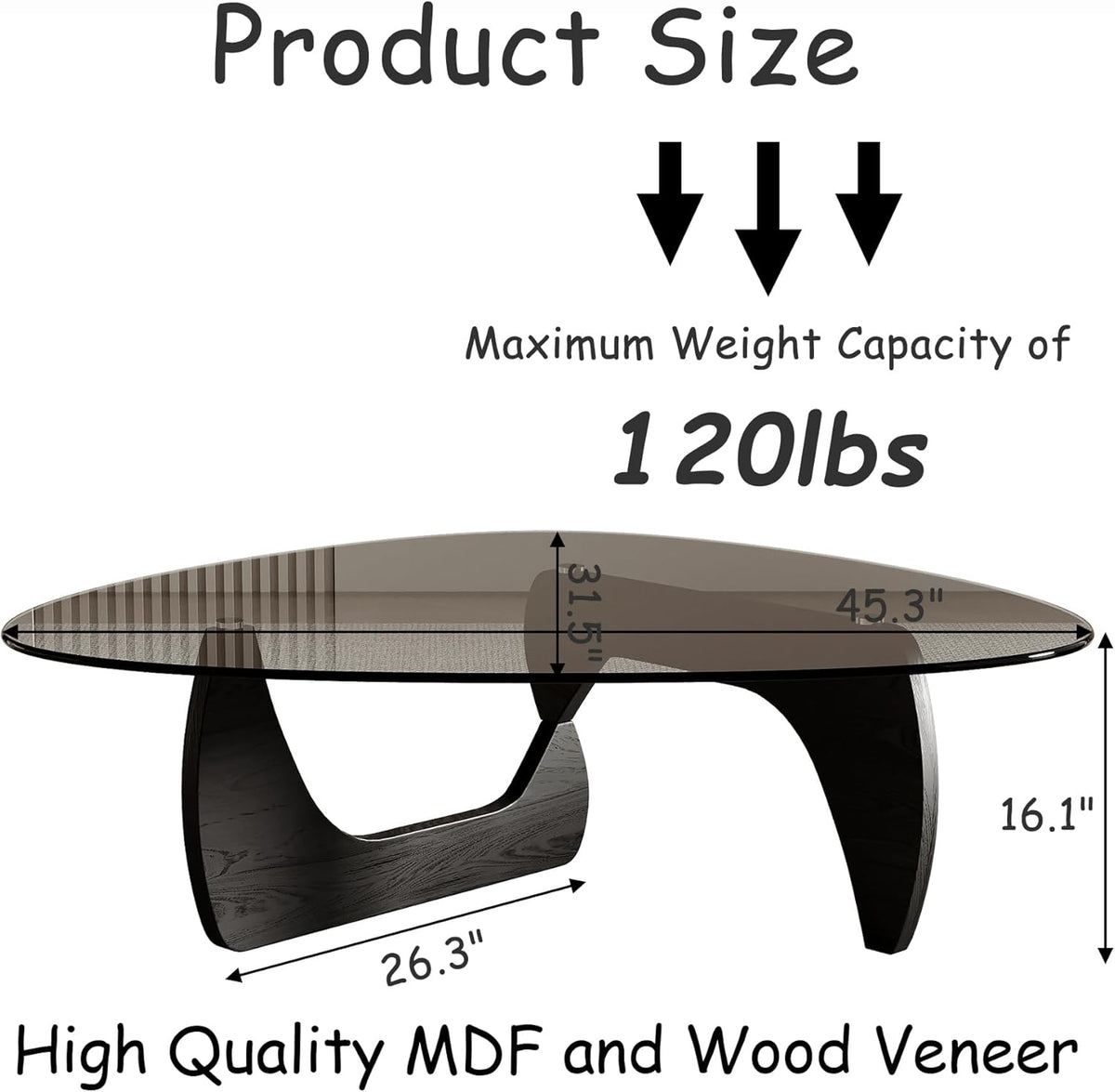 Honyee Morden Coffee Table, 42.5" x 28.5" x 16.1" Triangle Tempered Glass Top for Living Room