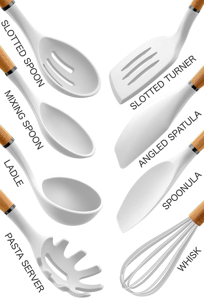 Country Kitchen Non Stick Silicone Utensil Set with Rounded Wood Handles for Cooking and Baking, 8