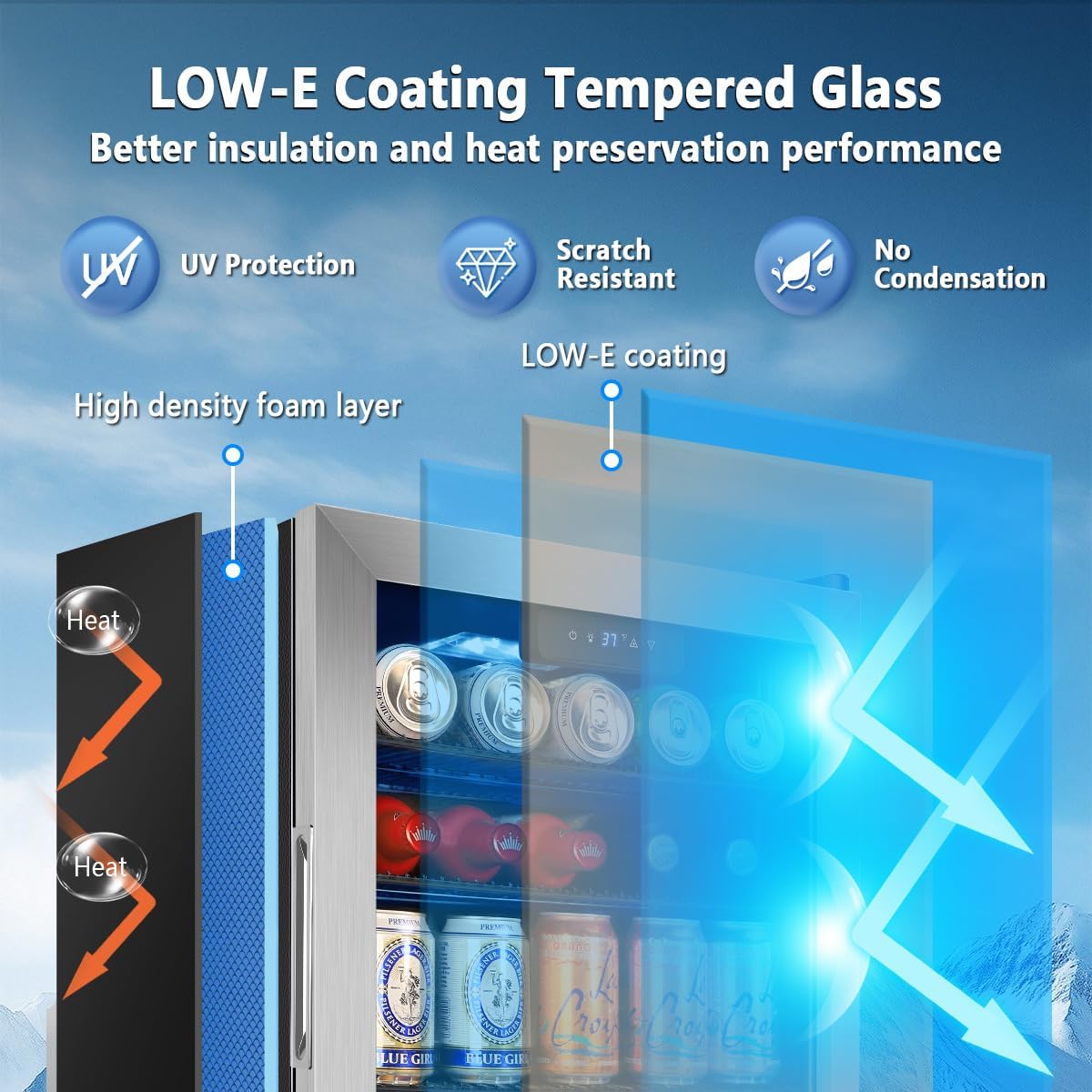 Tylza 130 Can Beverage Refrigerator Cooler, 3.22 Cu.Ft Beverage Cooler with Low-E Glass Door