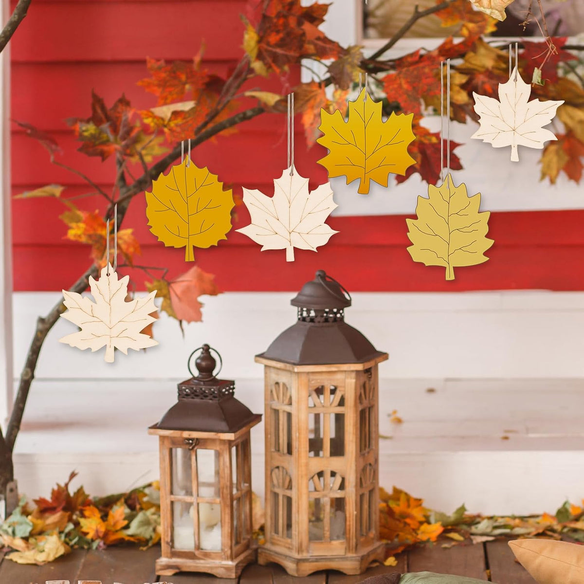 24 PCS Unfinished Wooden Fall Crafts, Maple Leaves Shaped Hanging Ornaments DIY Wood Craft Cutouts