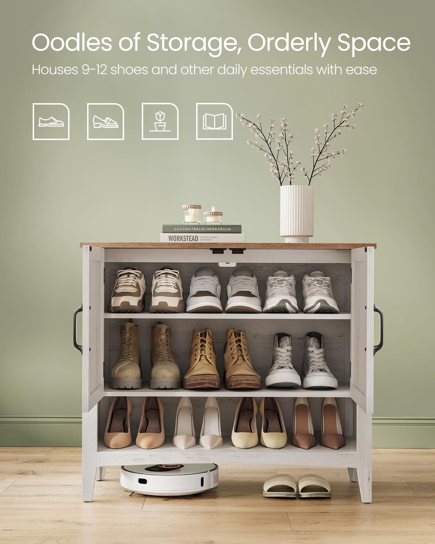 VASAGLE LIRY Collection - Shoe Cabinet, 3-Tier Shoe Storage Organiser, Traditional American Style