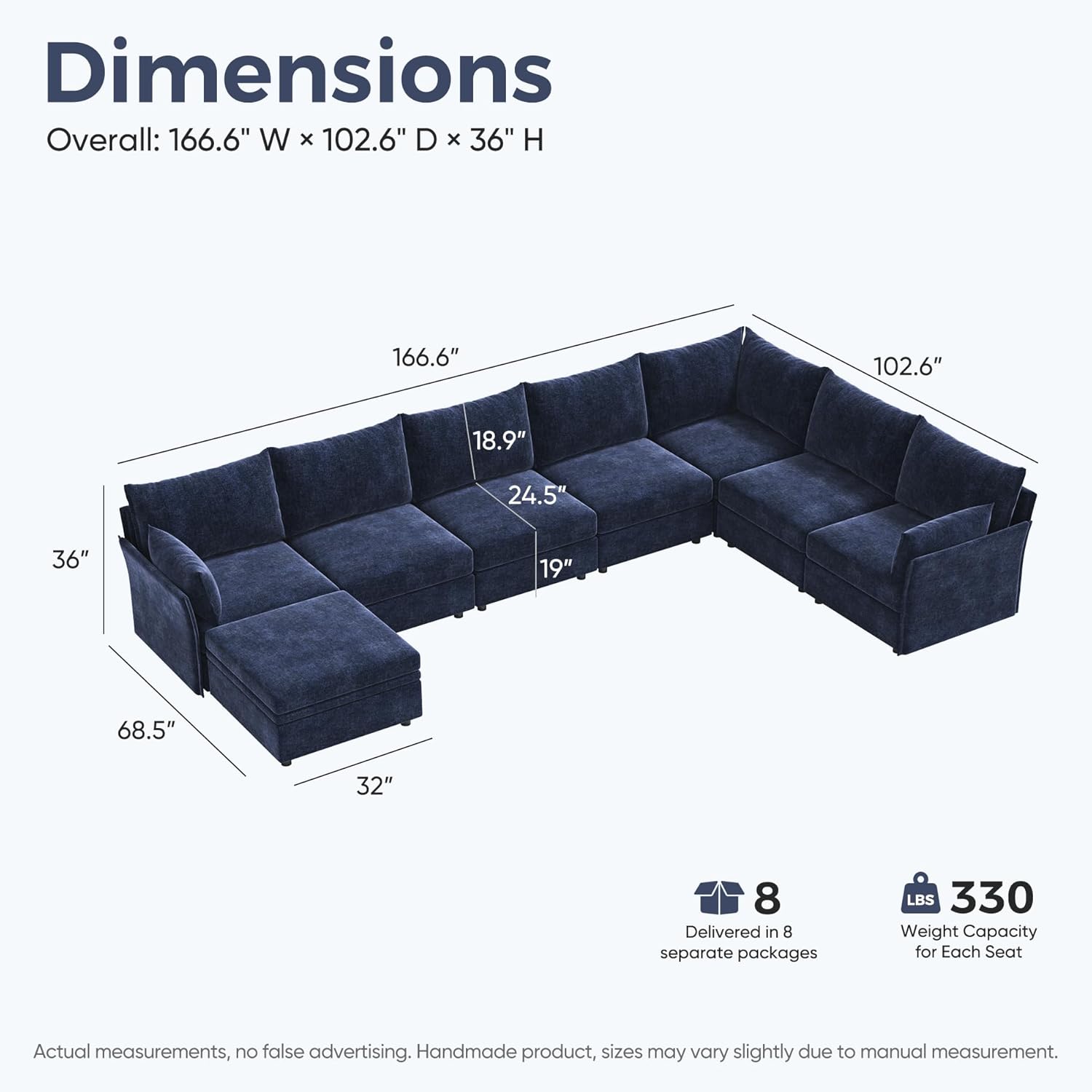 166.6" Oversized Modular Sectional Sofa, U Shaped Convertible Couch with Movable Ottoman, Large 8
