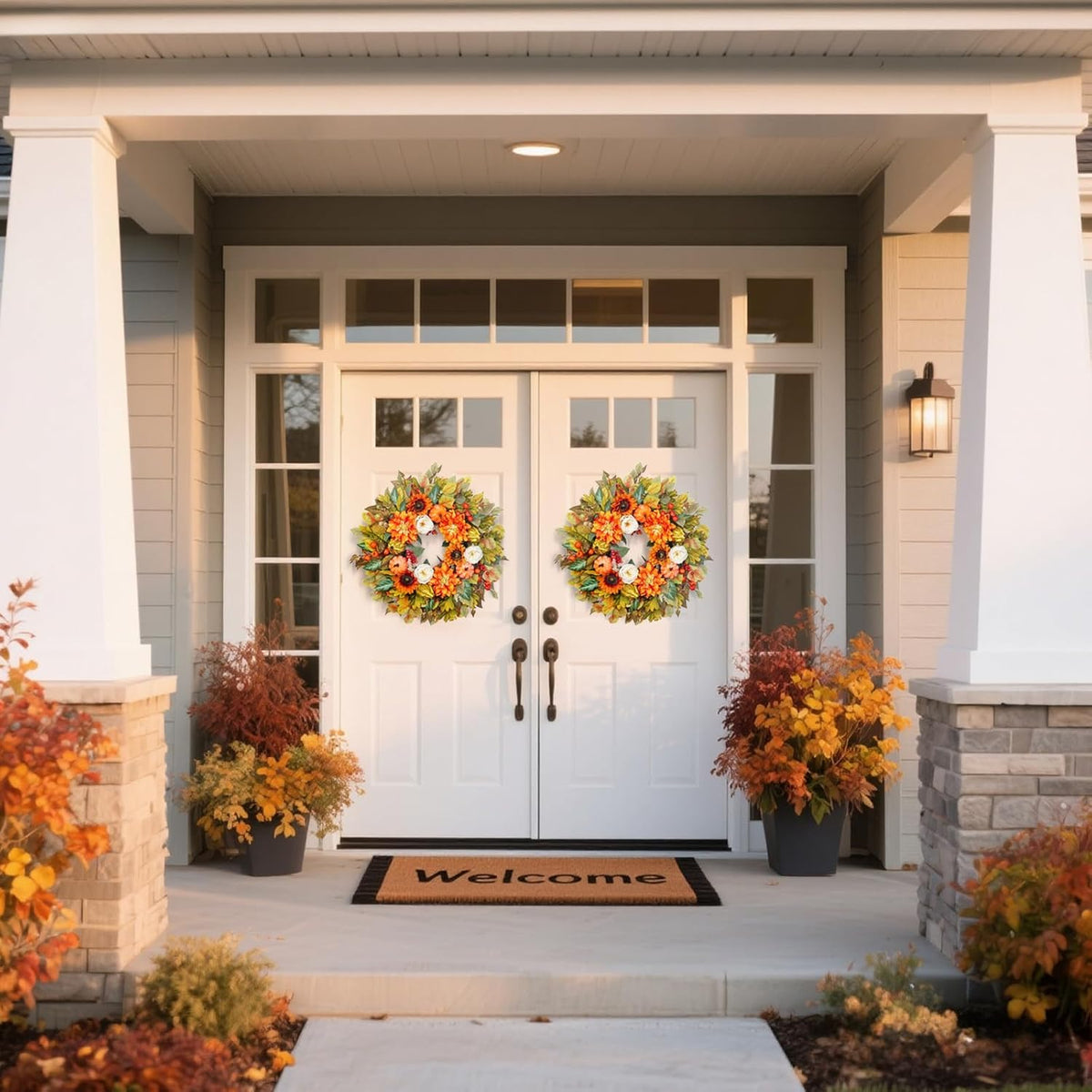 Fall Wreath for Front Door, 24 Inch Autumn Wreath with Pumpkins, Peony, Sunflowers & Dahlias, Fall