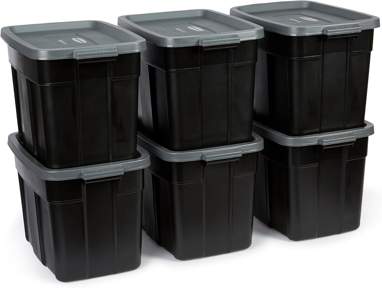 Rubbermaid Roughneck Tote 18 Gal, 6 Pack, Made in USA, Black & Gray, Rugged Plastic Stackable