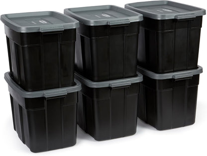 Rubbermaid Roughneck Tote 18 Gal, 6 Pack, Made in USA, Black & Gray, Rugged Plastic Stackable