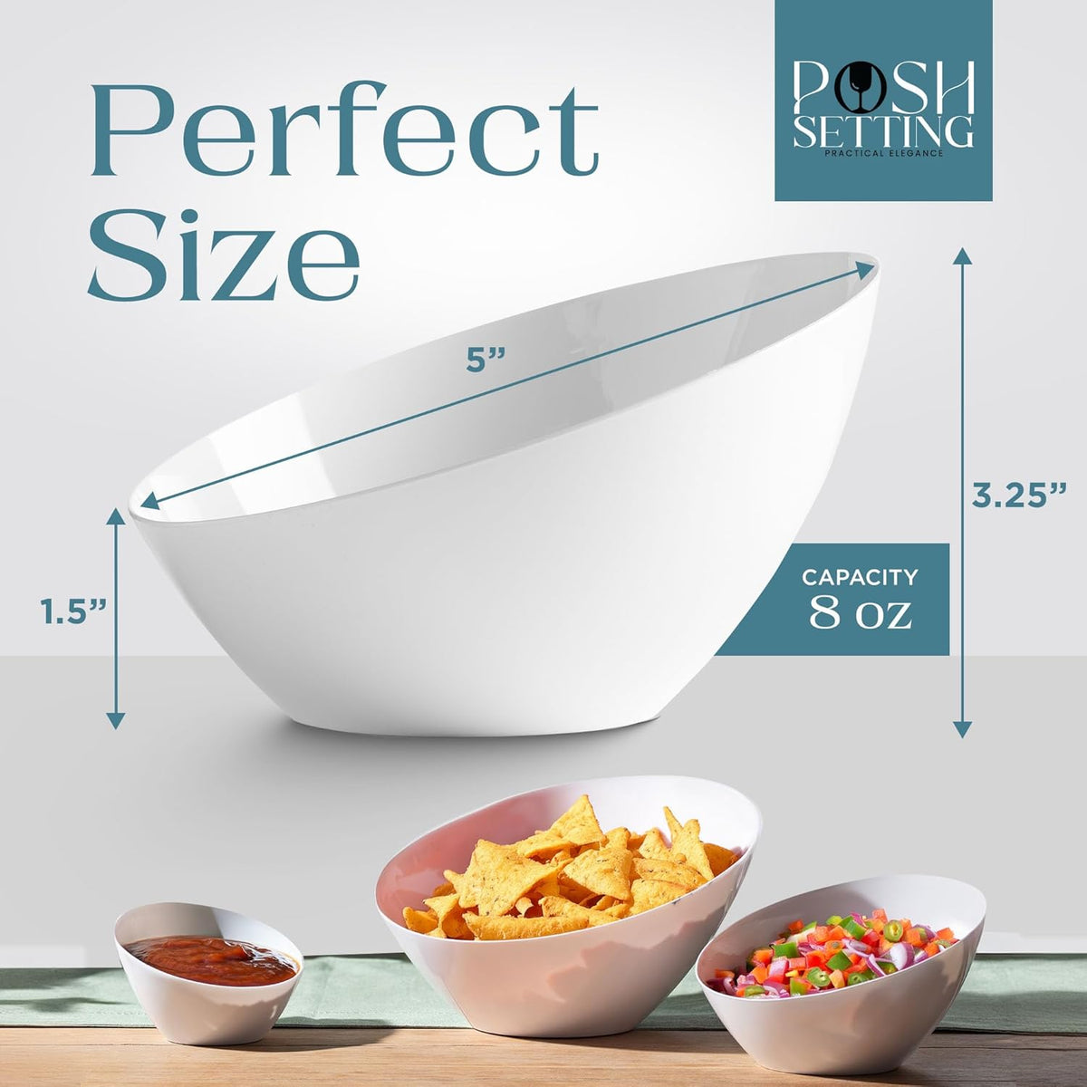 Posh Setting - White Plastic Serving Bowls for Party Angled Bowls Disposable Chip Bowls Candy Bowls