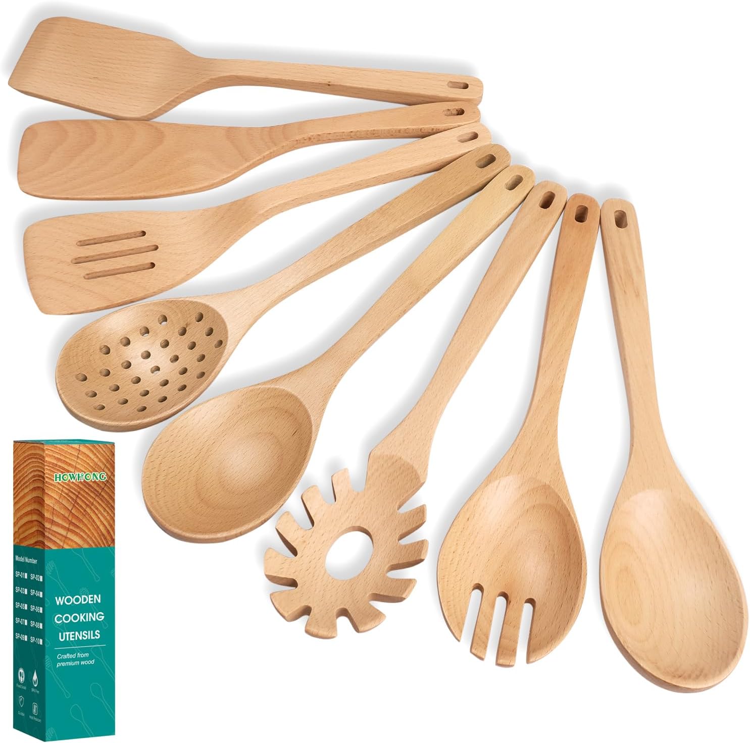 Wooden Spoons for Cooking, 8 Pcs Beech Wood Wooden Kitchen Cooking Spoon Utensil Tools Set Includes