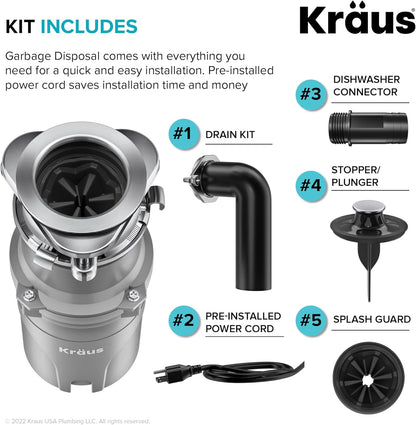 KRAUS® WasteGuard™ High-Speed 1/2 HP Continuous Feed Ultra-Quiet Motor Garbage Disposal with Power