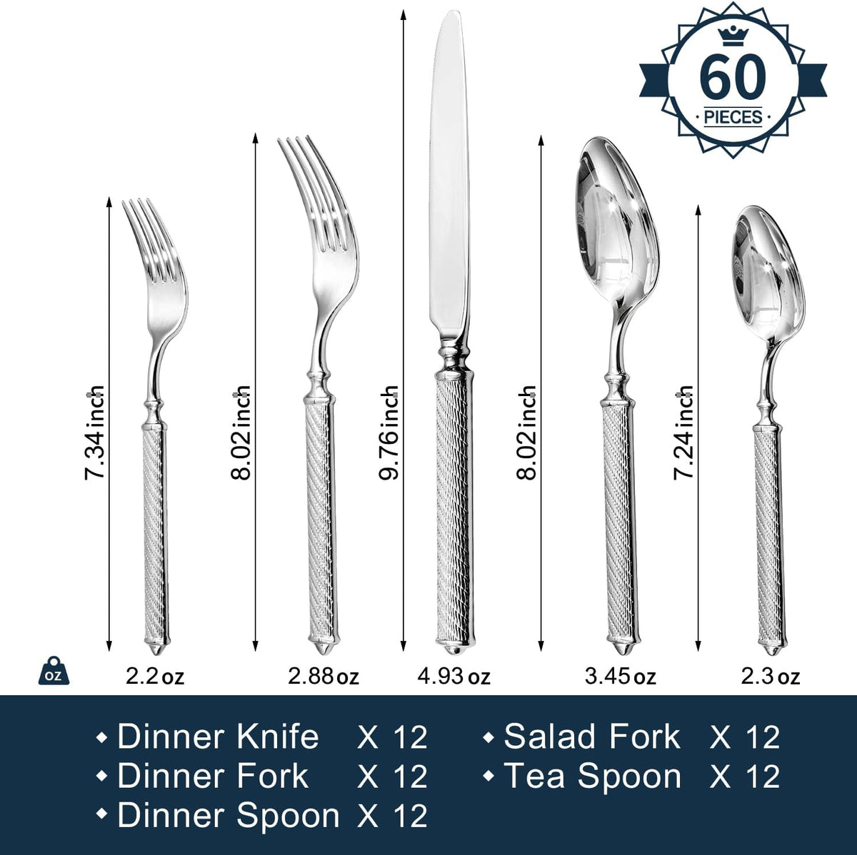 KINGSTONE Retro Rope-Pattern Silverware Set, 60-Piece Flatware Set Cutlery Set Forged with