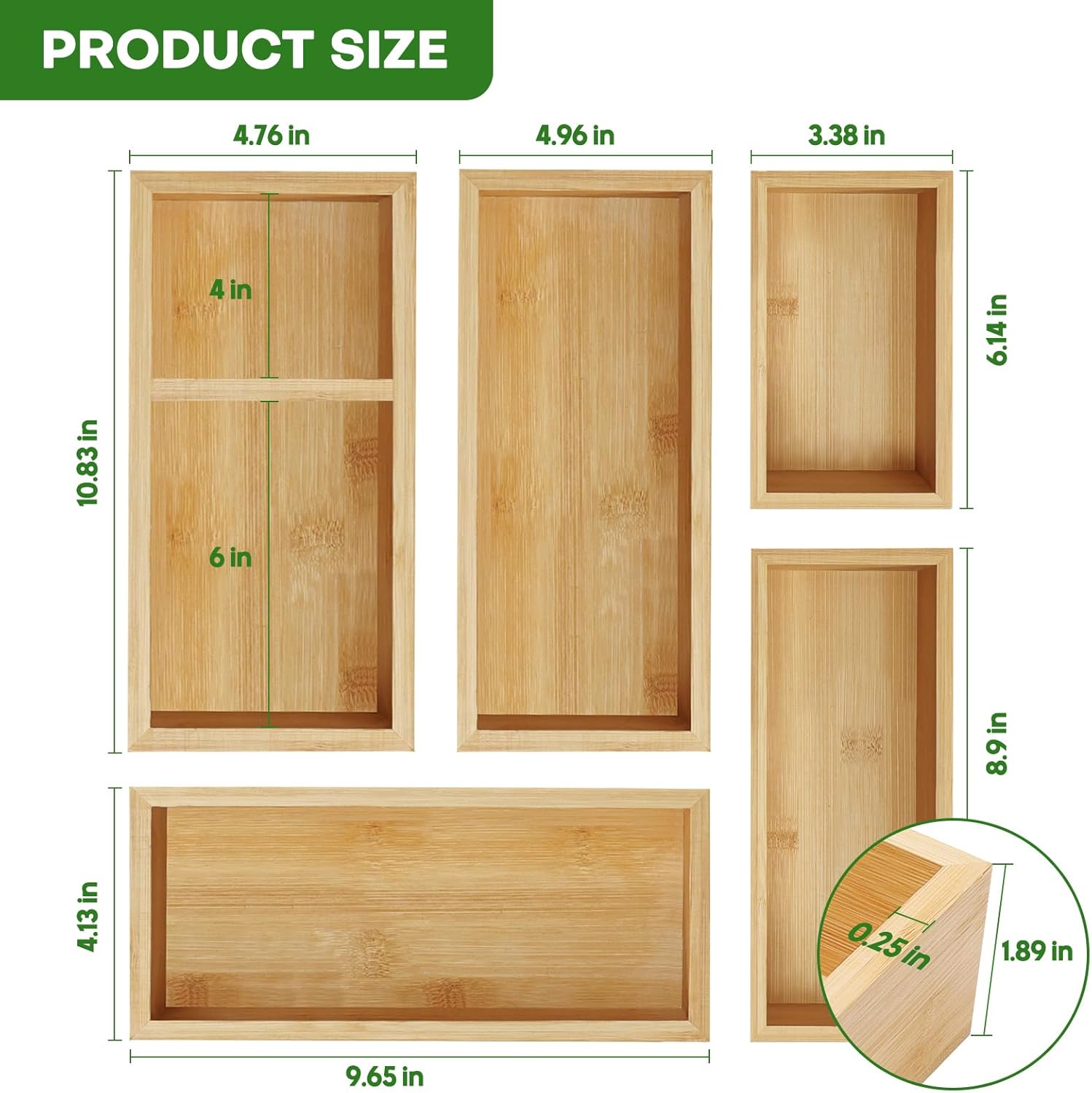 Bamboo Drawer Organizer Set, 5 PCS Multi-Use Individual Wood Storage Organizers, Junk Drawer