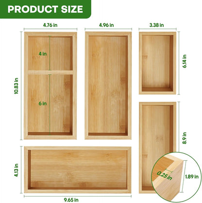 Bamboo Drawer Organizer Set, 5 PCS Multi-Use Individual Wood Storage Organizers, Junk Drawer