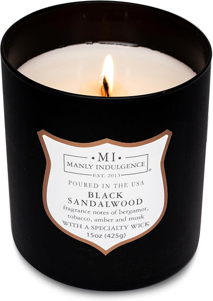 Manly Indulgence Black Sandalwood Scented Candle for Men 15 oz – Bergamot, Tobacco, Amber & Musk