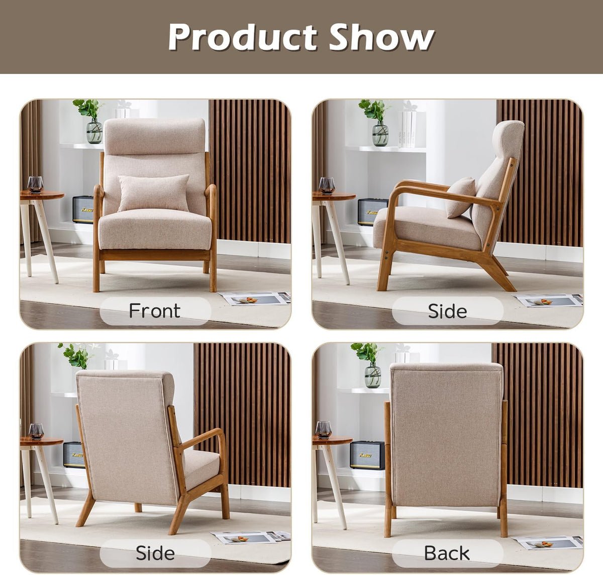 INZOY Mid Century Modern Accent Chair Set of 2, High Back Reading Armchair with Wood Frame