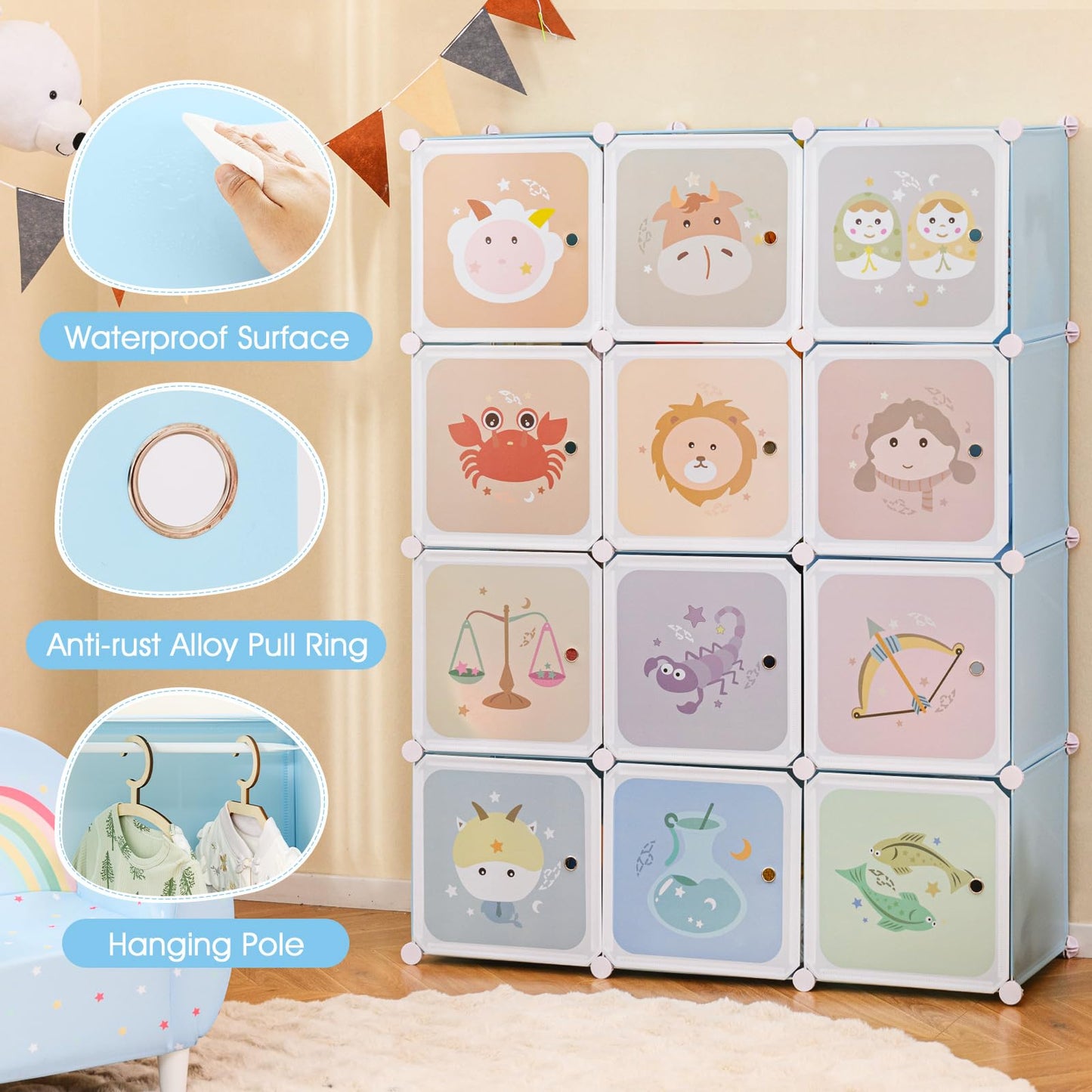INFANS Children Wardrobe, Kid Closet Portable Baby Dresser Cute for Kids Bedroom Nursery Armoire