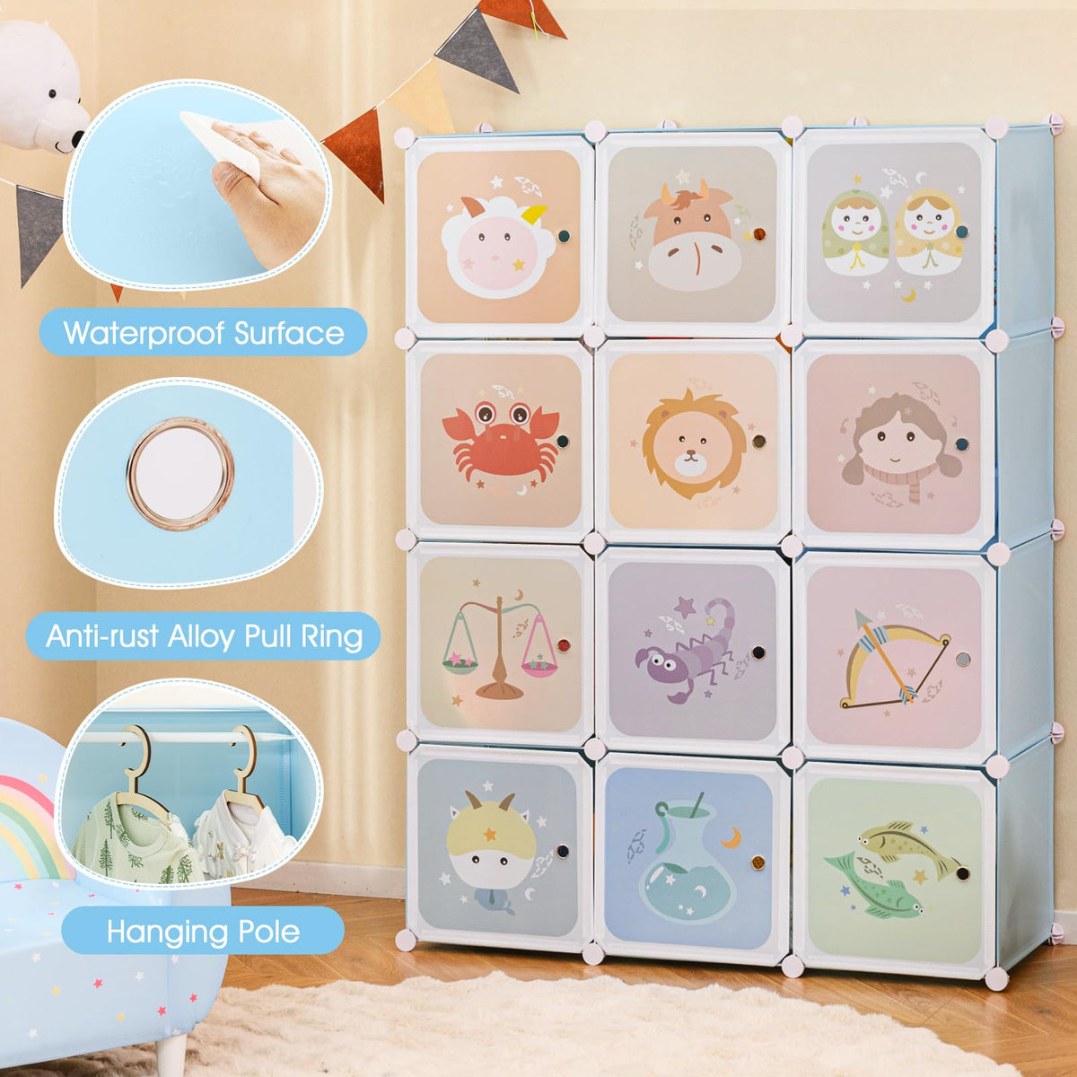 INFANS Children Wardrobe, Kid Closet Portable Baby Dresser Cute for Kids Bedroom Nursery Armoire