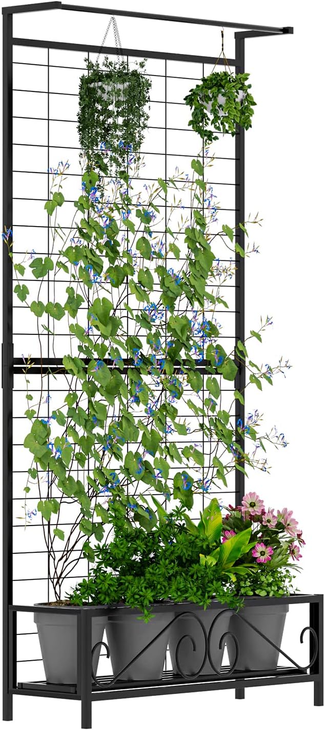 Zhongma Metal Planter with Trellis Raised Bed with Trellis for Vine Climbing Plants Flowers(12.8 x
