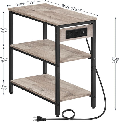 HOOBRO End Table with Charging Station, Simple Rustic Side Table with 3-Tier Storage Shelf, Narrow