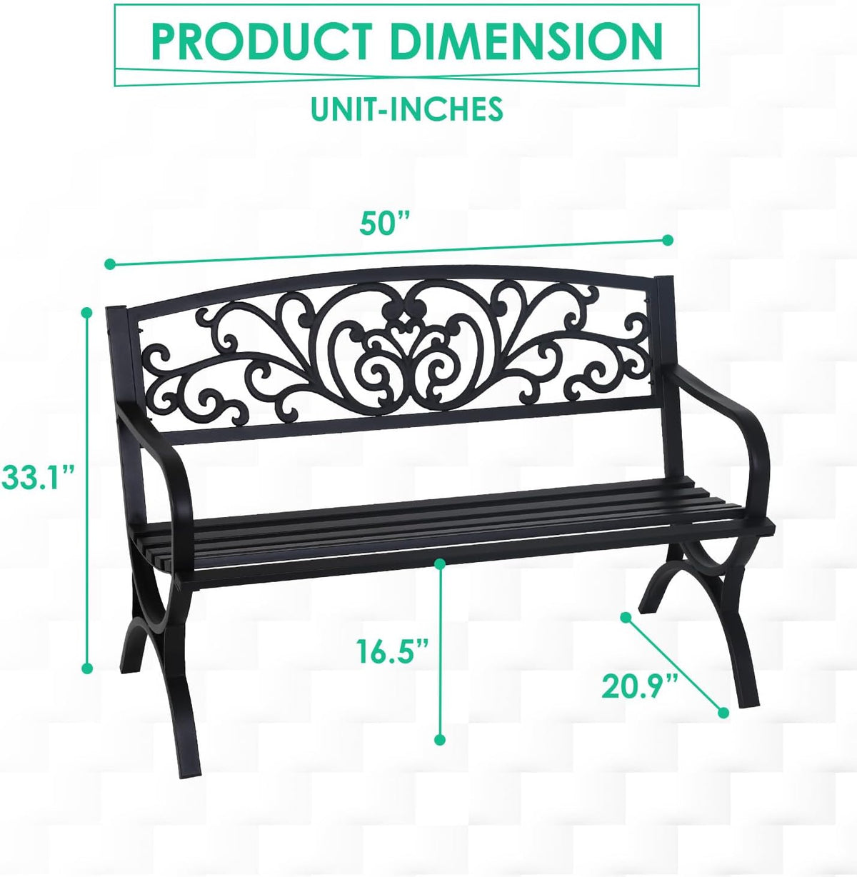 FDW Outdoor 50 Inches Garden Bench, Slatted Seat Armrests Floral Design Backres and Arch Legs
