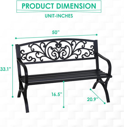 FDW Outdoor 50 Inches Garden Bench, Slatted Seat Armrests Floral Design Backres and Arch Legs