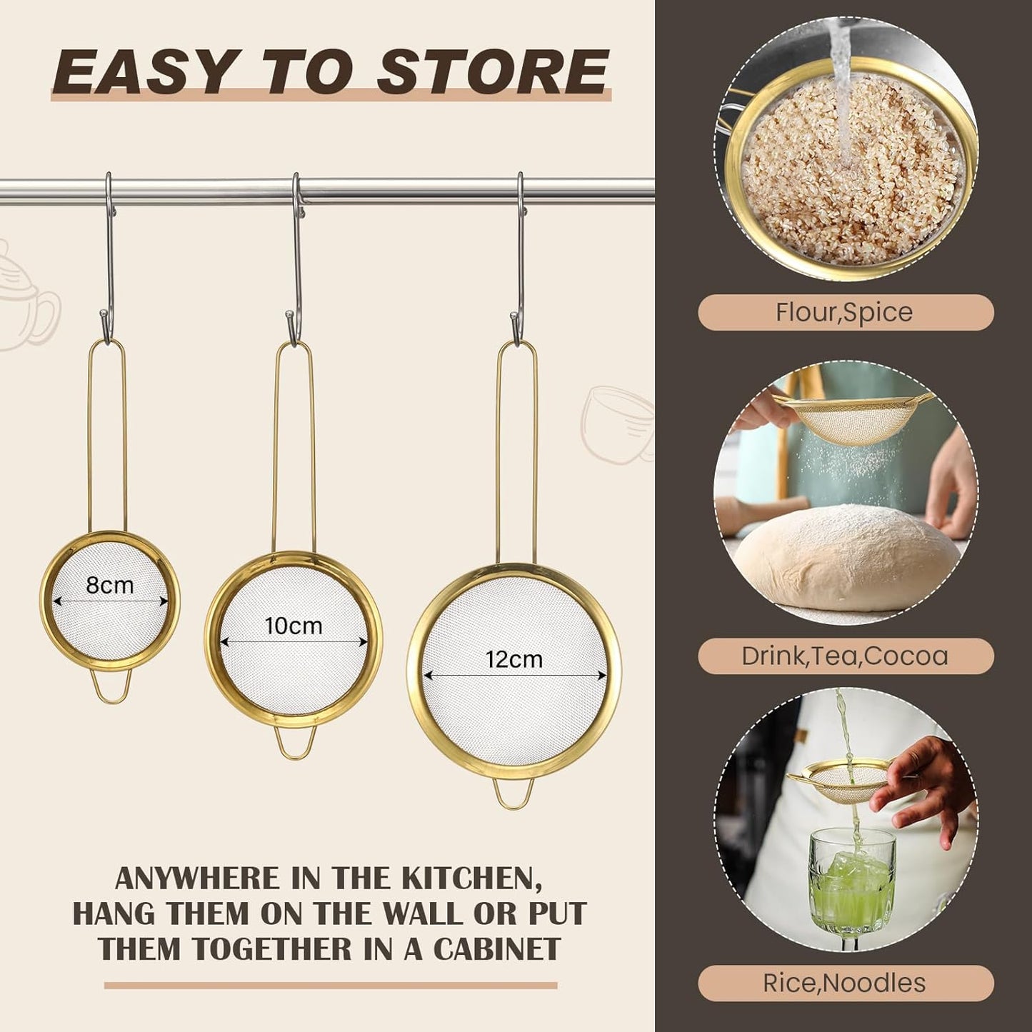 Norme 4 Quart Stainless Steel Gold Colander and 3 Pcs Gold Fine Mesh Strainer, Stainless Steel