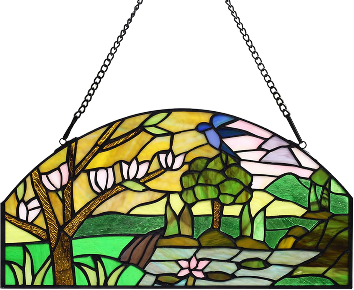 YOURANJU Half Moon Stained Glass Window Hanging Tiffany Style 16" x 8" Half-Round Window Panel